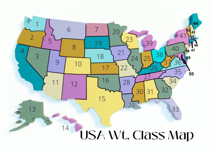 United States Weight Class Number by State Map
